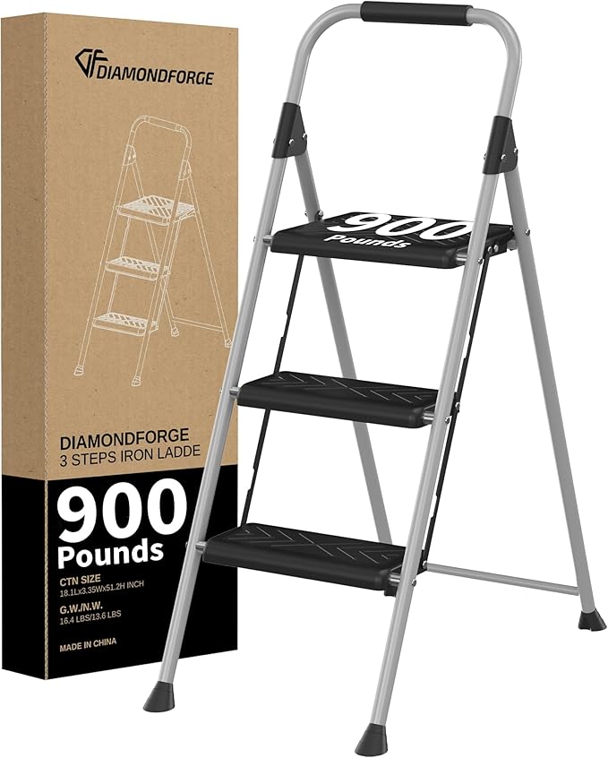 DIAMONDFORGE 3-Step Ladder Folding Step Stool with Anti-Slip Wide Pedal & Soft Handle, Heavy Duty Steel Construction, 900 lbs Capacity for Home & Office, Grey