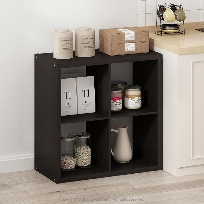 Furinno HERMITE Kitchen Island, 4-Cube Coffee Bar, Extra Thick Kitchen Storage, Bakers Rack, for Pantry Organizers and Storage, Kitchen Organization, Black Dark Oak