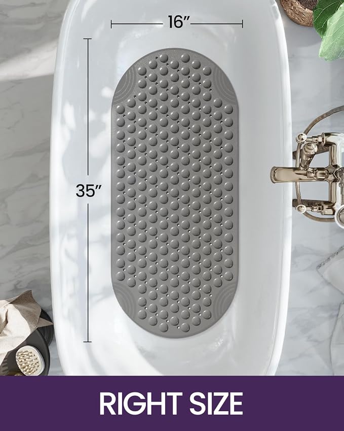 DEXI Bathtub Mat Non Slip 16x35, Shower Floor Mats for Bathroom Bath Tub, Washable Oval Bathmat with Suction Cups and Drain Holes, Grey