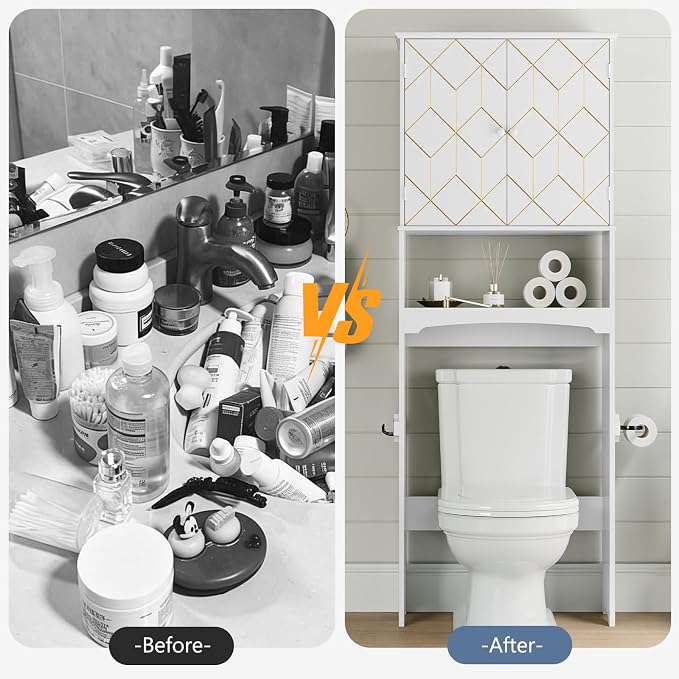 Gold Trim Over The Toilet Storage Cabinet, Double Doors Over Toilet Bathroom Organizer with Adjustable Shelves and Toilet Paper Holder, Modern Over Toilet Storage Cabinet for Bathroom (White)