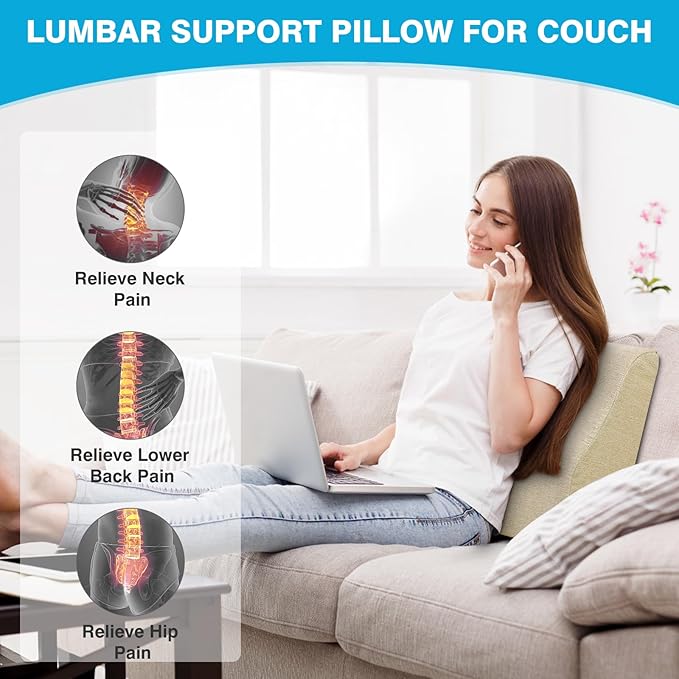 Back Support Pillow for Recliner Dual Layer Lumbar Support Pillow with Gel Memory Foam Ergonomic Orthopedic Lumbar Cushions for Elderly Lower Back Pain Relief Washable Cover Khaki