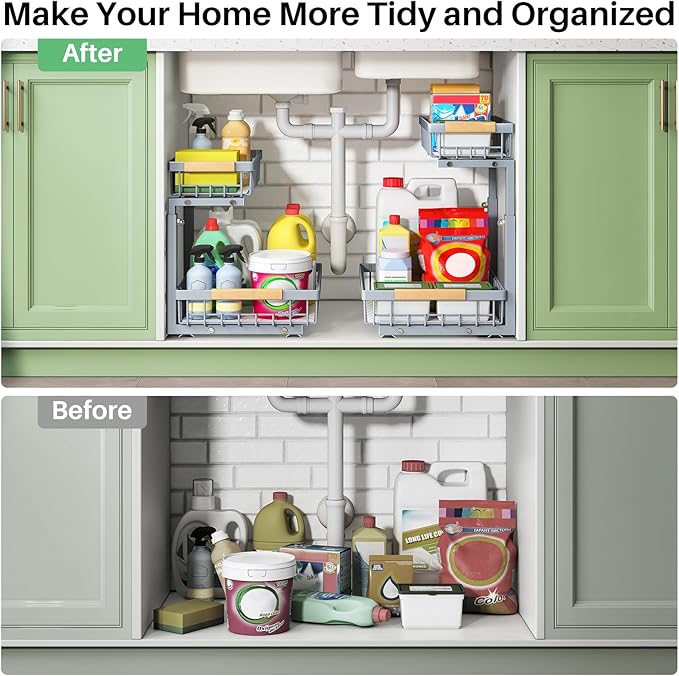 Kitstorack Under Sink Organizer, 2 Tier Under the Sink Storage, Slide out Pull out Cabinet Organizer Shelf, Metal Sliding Drawer for Kitchen Bathroom Pantry Closet Organization Rack, Grey, 1 Pack