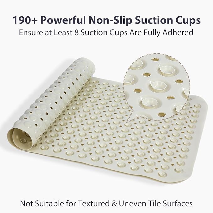 Beige Bathtub Mat Shower Mat Non Slip 17x30 Inch Standard Size, Soft Bubble Bath Tub Mat Shower Mats for Inside Shower Bathroom Floor Mat with Big Suction Cups & Drain Holes, BPA-Free