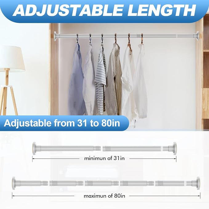 CorkLatta Silver Shower Curtain Rod 31 to 80 Inch,1 Inch Diameter Adjustable Spring Tension Stainless Steel Telescoping Rod,Easy Install,No Rust