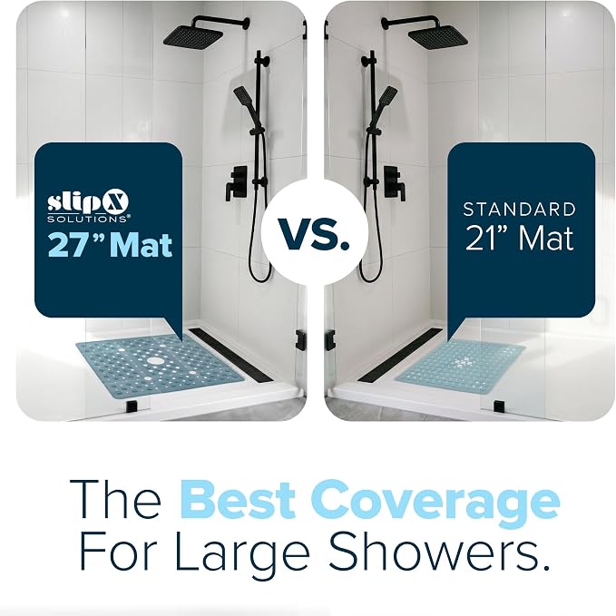 SlipX Solutions 27" Oversize Square Shower Mat, Non-Slip Mat for Elderly & Kids, 100+ Power Grip Suction Cups for Smooth Surfaces, Machine Washable, Dusty Blue
