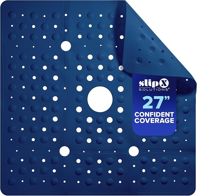 SlipX Solutions 27" Oversize Square Shower Mat, Non-Slip Mat for Elderly & Kids, 100+ Power Grip Suction Cups for Smooth Surfaces, Machine Washable, Solid Navy Blue