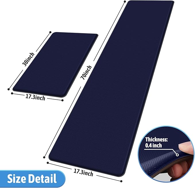 StepLively Kitchen Mat, 2 PCS Kitchen Rugs, Cushioned Kitchen Mats for Floor, Anti Fatigue Kitchen Rug Set, Non-Skid Standing Mat for Kitchen, Office, Sink, 17.3"x30"+17.3"x70", Blue