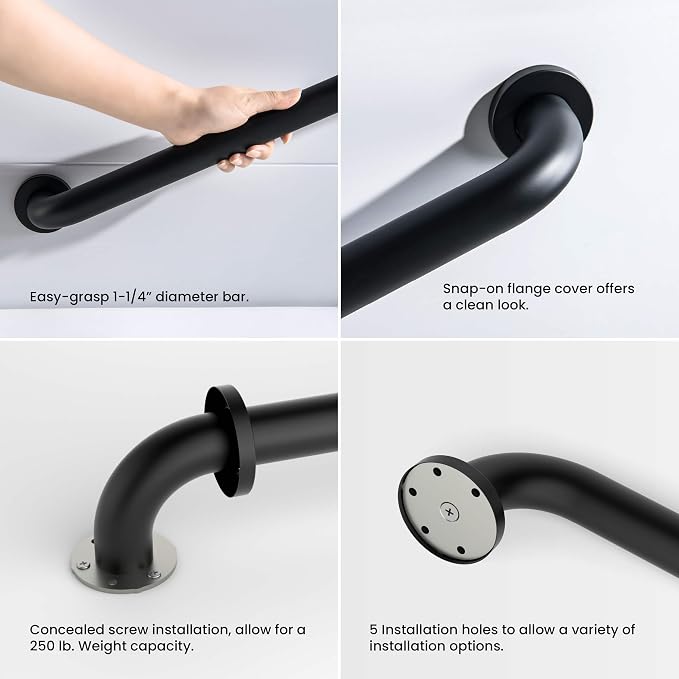 KIBI 12 Inch Stainless Steel Bathroom Safety Grab Bar | Curved Shaped Grab Bar for Bathtubs and Showers, Shower Safety Grab Bars for Seniors, Wall Mounted Anti-Slip Support (Matte Black, KGB1012)