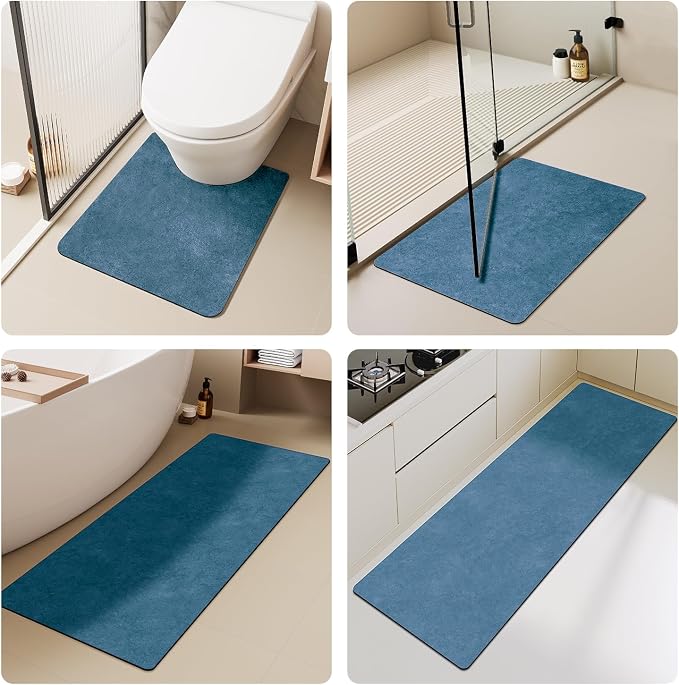 TYUU Bathroom Mat Quick Dry, Bathroom Rugs Non Slip Washable Thin Absorbent Bath Mat Fits Under Door Bathroom Floor Mat Perfect for Bath, Shower, or Sink 24"x48" Denim Blue