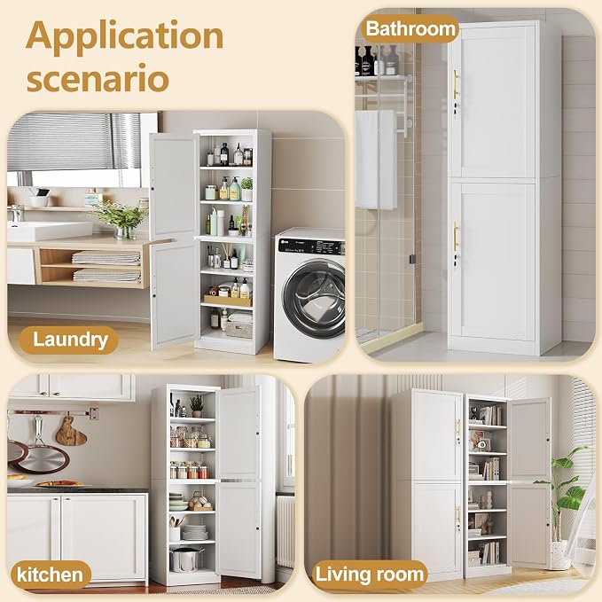 Tall Narrow Slim Metal Storage Cabinet with Lock and 5 Adjustable Shelves,Steel File Cabinets,Kitchen Pantry Cabinet Locker Organizer - 67" Storage Cabinets for Bathroom,Bedroom,Office
