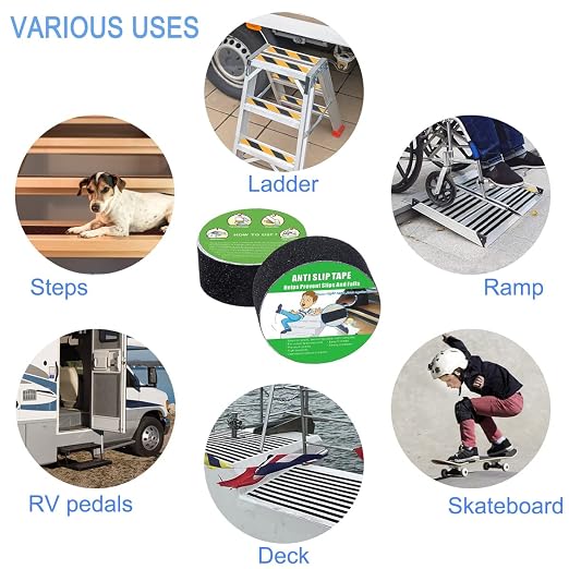 Anti Slip Tape, High Traction,Strong Grip Abrasive, Not Easy Leaving Adhesive Residue, Indoor & Outdoor, with Measuring Tape (2" Width x 190" Long, Black)