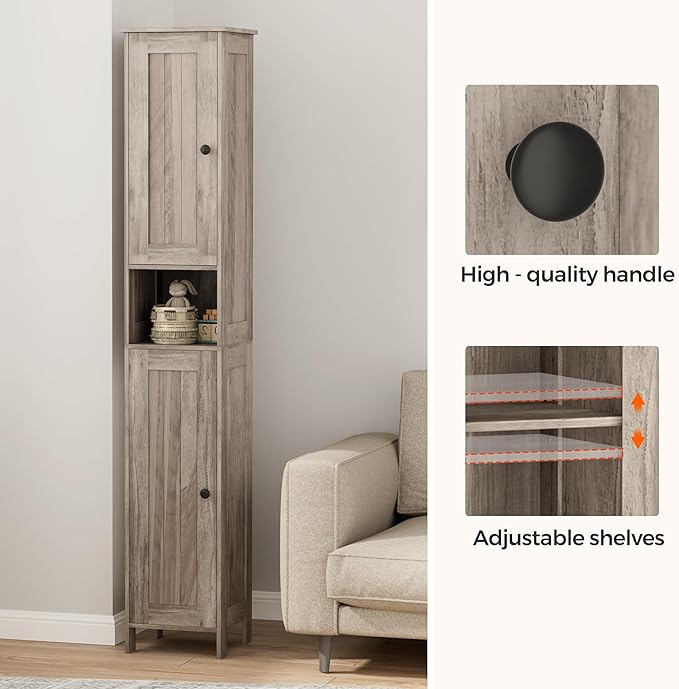 Homleke Tall Bathroom Storage Cabinet with 2 Doors, 67"H Narrow Storage Cabinet with Adjustable Shelves& Anti-Tip Design, Reversible Door Installation, Easy Assembly, 11.8 x 11.8 x 66.9 Inches, Greige