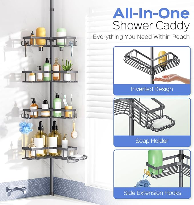 HAMITOR Shower Caddy Tension Pole: 4-Tier Corner Bathroom Organizer with Soap Holder - No-Drill Adjustable Storage Rack - 47-123 Inch Rustproof Space Saving Gray