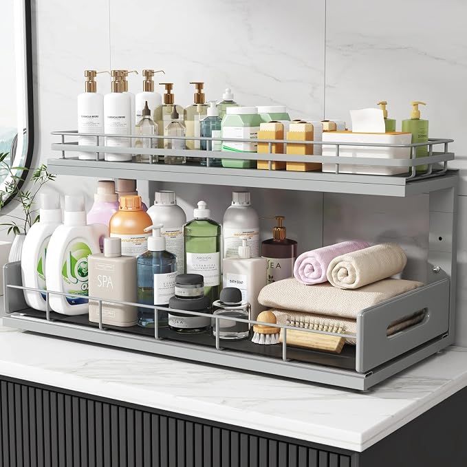 Under Sink Organizer Upgrade To Professional Rails,2-Tier Dual Pull Out Cabinet Storage,Height Adjustable Slide Out Drawers For Bathroom Kitchen,1 Pack-21"Dx12.8"-16.9"H,Gun Gray