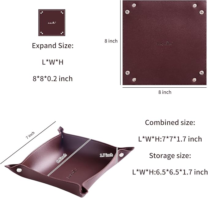 Leather Jewelry Valet Tray for Women and Man, Portable Entryway Table Tray Bedside Nightstand Desk Tray Small Catchall Travel Dish Plate for Key,Wallet,Watch,Coin(8x8, Deep Brown-B)