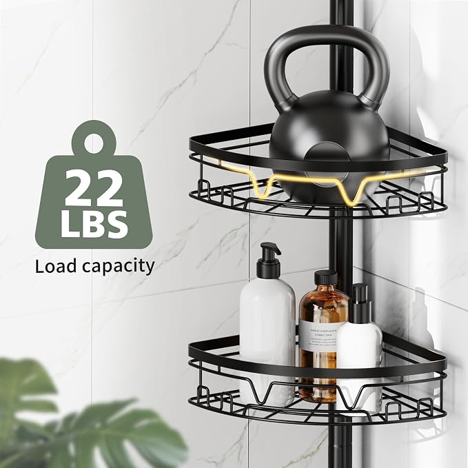 KEGII Corner Shower Caddy Tension Pole, 4-Tier Large Capacity Shower Shelves, Adjustable 52-114.2 Inch No-Drill Rustproof Corner Bathroom Organizer with Towel Bar, Hooks & Razor Holder, Black