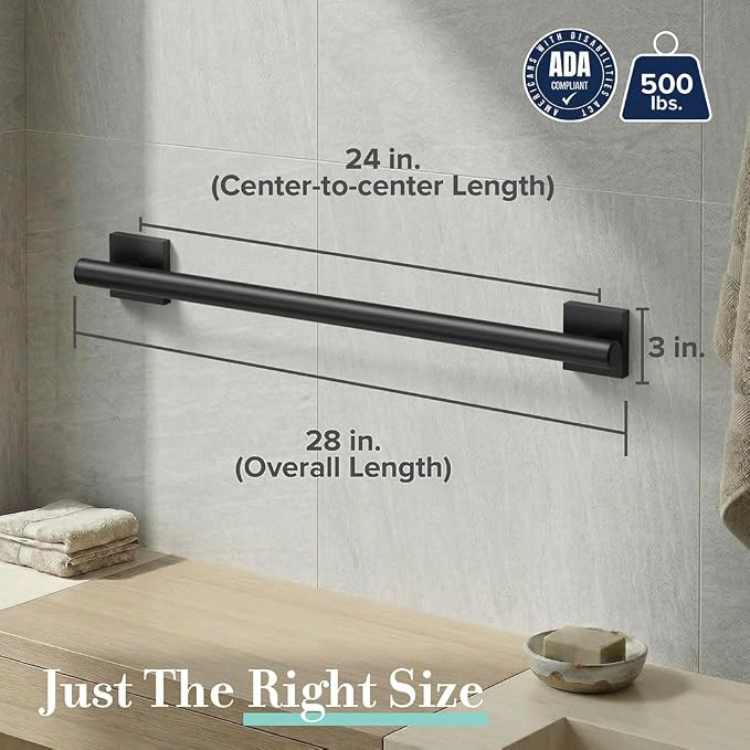 Gatco 944MX Elevate 24" L Grab Bar, Matte Black/ADA Compliant Stainless Steel Safety Grab Bar for Bathroom