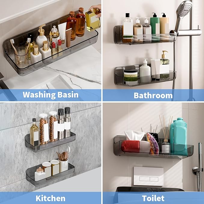 Diesisa 2pc Acrylic Wall Mounted Shower Caddy, Adhesive Shelf, Bathroom Shelves for Wall, Self Adhesive Organizer, No Drilling Hang Walls, for Bathroom, Kitchen, Living Room