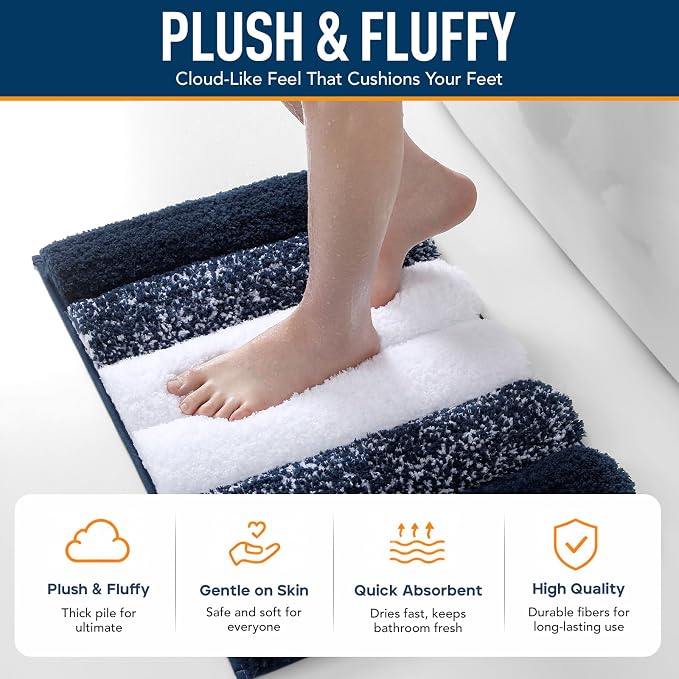 XIYUNTE Thick Bathroom Rug - 24x16 Extra Soft Blue and White Microfiber Bath Rugs, Quick Dry Super Absorbent Rubber Backing, Non Slip Washable Bath Mat for Floor Tub Shower
