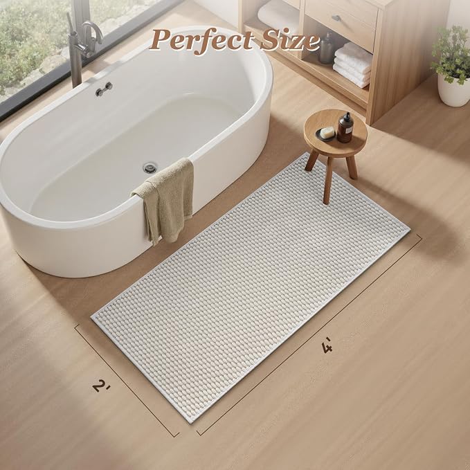 AMOAMI Unique Woven Bathroom Runner Rug, Super Absorbent Non Slip Bath Mats for Bathroom Textured Bathroom Mat Quick Dry Boho Rugs Runners for Hallyways Kitchen Bedroom Beside Tub, 2' x 4', White