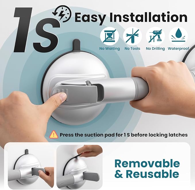 TAILI Grab Bars for Bathtubs and Showers,2 Pack Shower Handles for Elderly Suction,Maximum 330lbs,Shower Bar with Upgraded Rubber Suction Cups,Safety Grip for Senior, No Drilling Removable,Silver