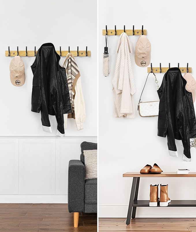 Optish Coat Rack Wall Mount, 16.5 Inches Wood Coat Hooks Wall Mount, Wall Coat Rack with 5 Hooks, Hat Rack Wall Hooks for Hanging Coat, Bag, Towel (1Pack, Natural)