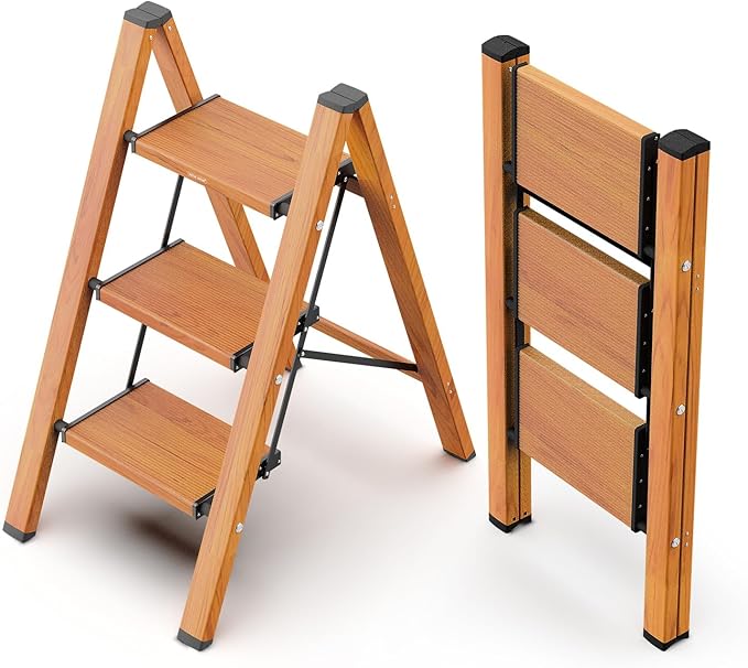 WOA WOA 3 Step Ladder, Foldable Step Stool, Aluminum Lightweight Ladder for Home Kitchen Closet, Anti-Slip Pedals, Ease of Folding, Portable, 300lbs Capacity - Wood Grain