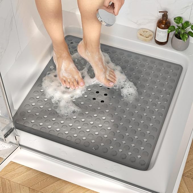 HITSLAM Shower Mat Anti Slip, Square Bath Mat for Tub Non Slip with Suction Cups and Drain Holes, 21x21 Inch Bathroom Shower Stall Floor Mat, Machine Washable, Soft on Feet, Grey