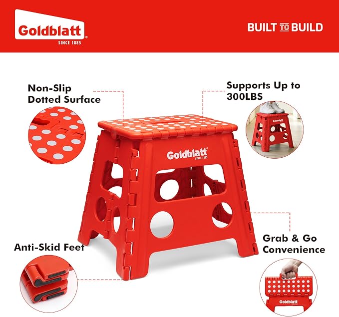 Goldblatt 12.5" Folding Step Stool 1-Pack for Adults and Kids, Lightweight Heavy-Duty Plastic Portable Foldable Stool with Non-Slip Top and Anti-Skid Feet, 300 lbs Capacity, Kitchen & Bathroom, Red