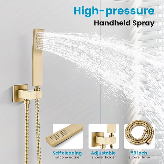 gotonovo Rainfall Bathroom Shower System Rain Shower Head and Handle Set Wall Mounted Shower Complete Combo Solid Brass Pressure Balancing Shower Mixer Valve 10 Inch Brushed Gold