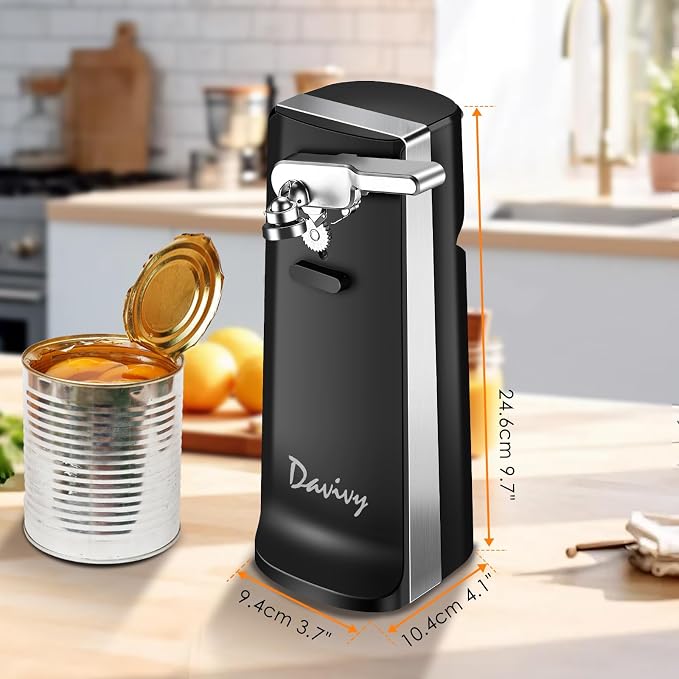 Davivy Electric Can Opener - One-Touch Hands-Free Operation,Removable Stainless Steel Cutter, 3-in-1 Design with Knife Sharpener&Bottle Opener(Black)