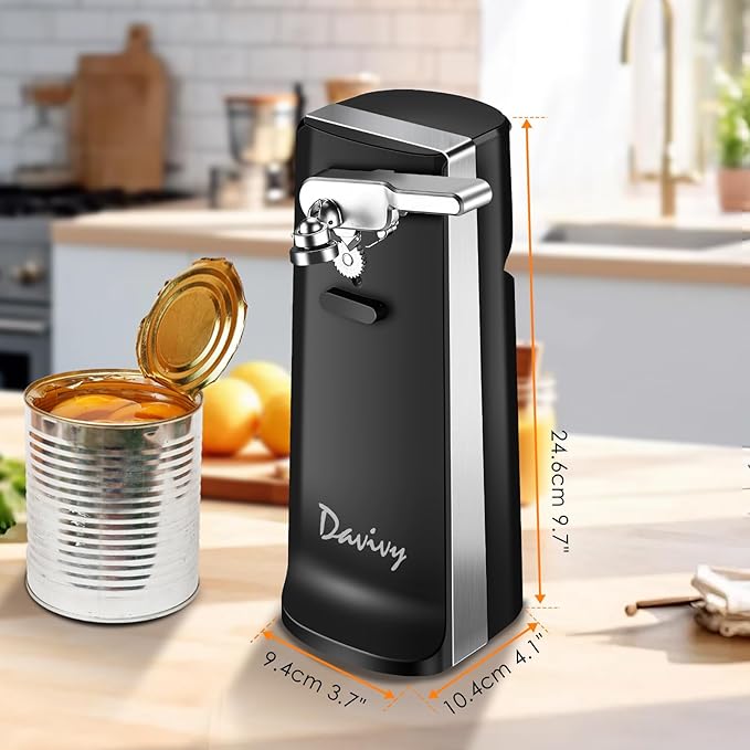 Davivy Electric Can Opener, One Touch Lid Opener, Removable Stainless Steel Cutter and 3-in-1 Design, with Sharpener and Bottle Opener (Black)