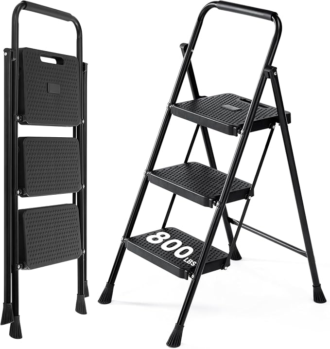OLIXIS 3 Step Ladder, 880lbs Heavy Duty Sturdy Step Stool with Anti-Slip Pedal & Comfortable Handrail, Portable Step Stool for Kitchen, Garage & Outdoor Use, Black