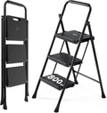 OLIXIS 3 Step Ladder, 880lbs Heavy Duty Sturdy Step Stool with Anti-Slip Pedal & Comfortable Handrail, Portable Step Stool for Kitchen, Garage & Outdoor Use, Black