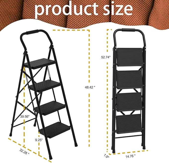 Step Stool for Adults,4 Step Ladder Folding 330lbs Anti Slip Step Ladder,Foldable Ergonomic Step Stool with Wide Pedal for Home, Kitchen, Office (Sliver)