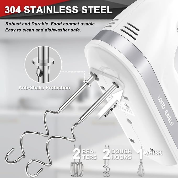 Lord Eagle Hand Mixer Electric Handheld 400W, 5-Speed Lightweight Kitchen Mixer with Stain-resistant & Waterproof Storage Bag, 5 Stainless Steel Attachments for Baking Cake Egg Cream Food Beater