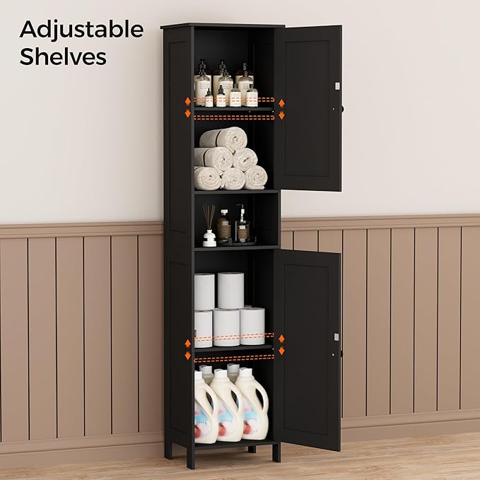 Homleke Tall Bathroom Storage Cabinet with 2 Doors, 67"H Narrow Storage Cabinet with Adjustable Shelves& Anti-Tip Design, Reversible Door Installation, Easy Assembly, 11.8 x 15.7 x 66.9 Inches, Black