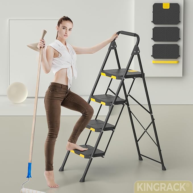 KINGRACK 4 Step Ladder, Sturdy Steel Step Stool with Safe-Lock Design, Handrail, Anti-Slip Wide Pedals, Pass 800lbs Load Testing, Folding Portable Ladder for Multi-Purpose, Home, Kitchen, Black