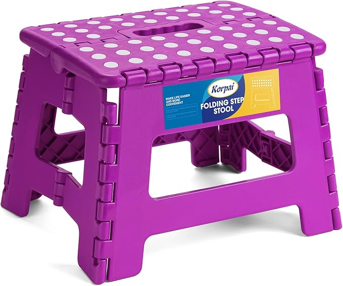 Korpai 9" Folding Step Stool for Adults and Kids Holds Up to 300 lbs,Non-Slip Folding Stools with Portable Handle, Compact Plastic Foldable Step Stool for Bathroom,Bedroom, Kitchen,Purple,1PC