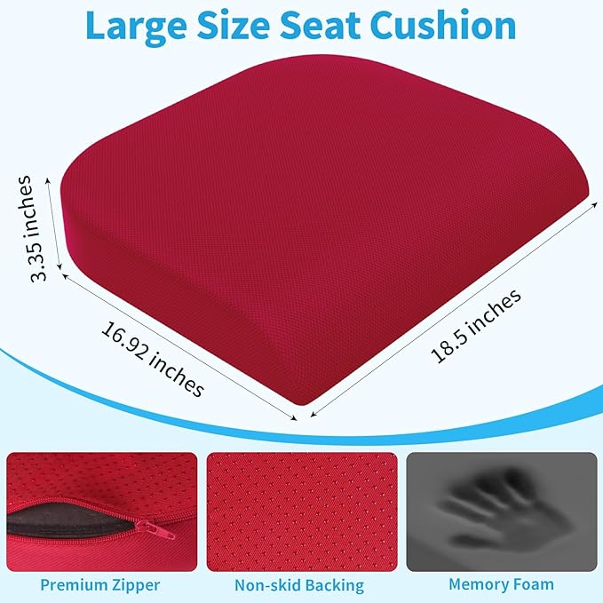 TranquilRelax XLarge Seat Cushion, Memory Foam Cushion for Long Sitting Hours on Office Chair, Home & Car, Non-Slip Chair Pad for Relieving Back & Sciatica & Hip & Coccyx Pain (Red)