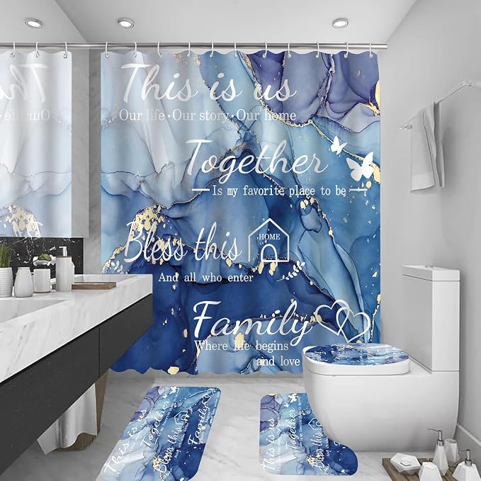 4Pcs Family Marble Shower Curtain Set,Blue Home Inspirational Bathroom Sets with Shower Curtain and Rugs, Bathroom Decor Set,Waterproof Bathroom Curtains Shower Set,with 12 Pcs Hooks