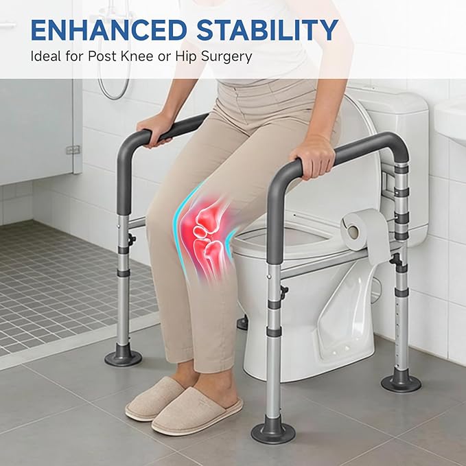 Loyoda Toilet Safety Rail for Seniors, 11.7lbs Steel, Rock-Solid Stability | Height & Width Adjustable,Foldable,Padded Armrests,Wide Non-slip Foot Pads,350 lb Capacity for Pregnant Women & Disabled,Gray