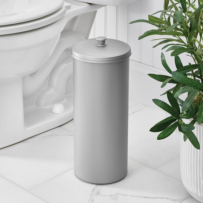 iDesign Freestanding Bathroom Toilet Paper Storage Holder with Lid for 3 Extra Rolls, Silver