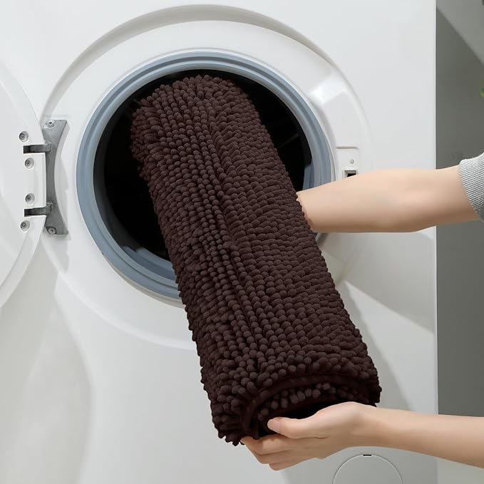HOMEIDEAS 3 Pieces Bathroom Rugs, Ultra Soft Non Slip Absorbent Chenille Toilet Bath Mat Set (Brown)