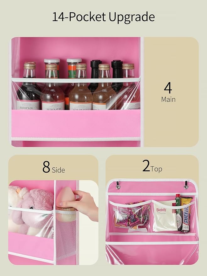 Yecaye 5 Tier Over the Door Organizer, Swing-proof Door Organizer Hanging with Clear PVC Windows, Behind the Door Storage for Bedroom Nursery Closet Laundry Pantry Bathroom, Bubblegum Pink