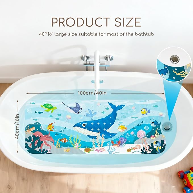 Baby Bath Mat for Tub, Non Slip Kids Bath Shower Mat, 40 X 16 Inch Large Bathtub Mat with Drain Holes and Suction Cups for Toddlers, Machine Washable and Waterproof (Whale)