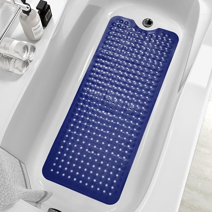 MOONFLY Shower and Bathtub Mat,40x16 Inches,Extra Long Non Slip Mats with Suction Cups and Drain Holes, Machine Washable and Anti Slip Bathmats, Bathroom Mats for Tub Nonslip (Navy Blue)