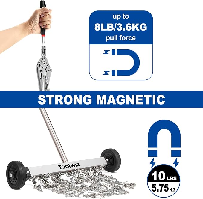 Toolwiz 15" Rolling Magnetic Sweeper 10lbs, with 8 lbs Telescopic Magnetic Pick Up tools with LED light– Telescoping Holder to Pick Up Nails Magnetic Sweeper for Construction