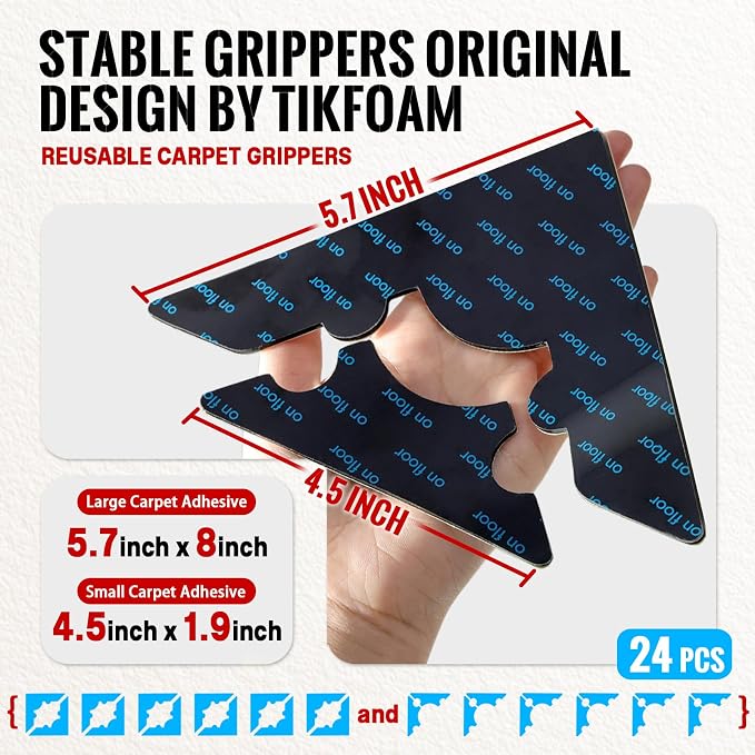 Rug Non Slip Grippers, Reusable Rug Tape, No Damaging for Floor, Carpet Corner Stickers for Hardwood Floors and Tiles, Strong Hold Carpet Gripper for Area Rugs, 24Pcs