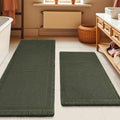Waffle Bath Mat Set 2 Piece, Boho Woven Modern Bath Rug Absorbent Non Slip, Soft Bathroom Mats, Machine Washable Knit Bath Rugs with Border for Bathroom, Bedroom, Kitchen, Shower, Tub, Dark Green